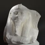 Busto de la Cabeza de Granito Rojo del Rey Ramsés II, escultura que muestra detalles intrincados y jeroglíficos.