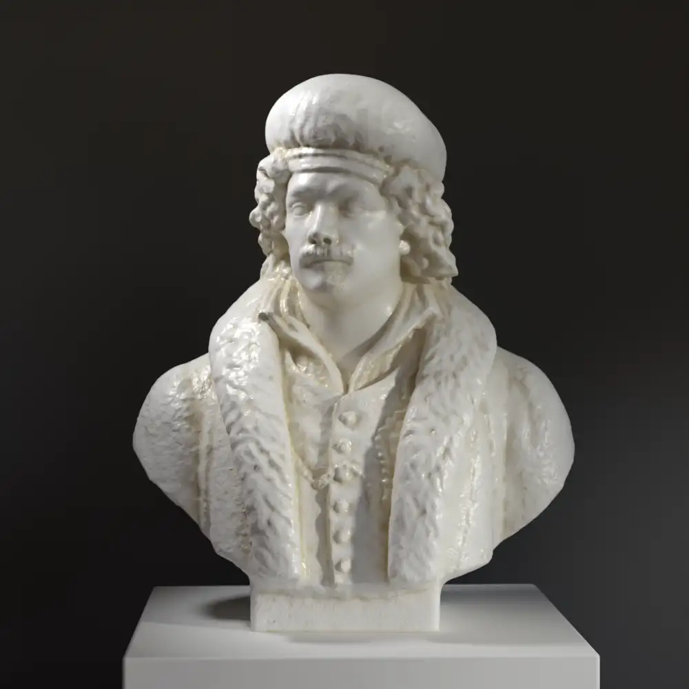 Busto de Rembrandt en resina con acabado que imita mármol y bronce.