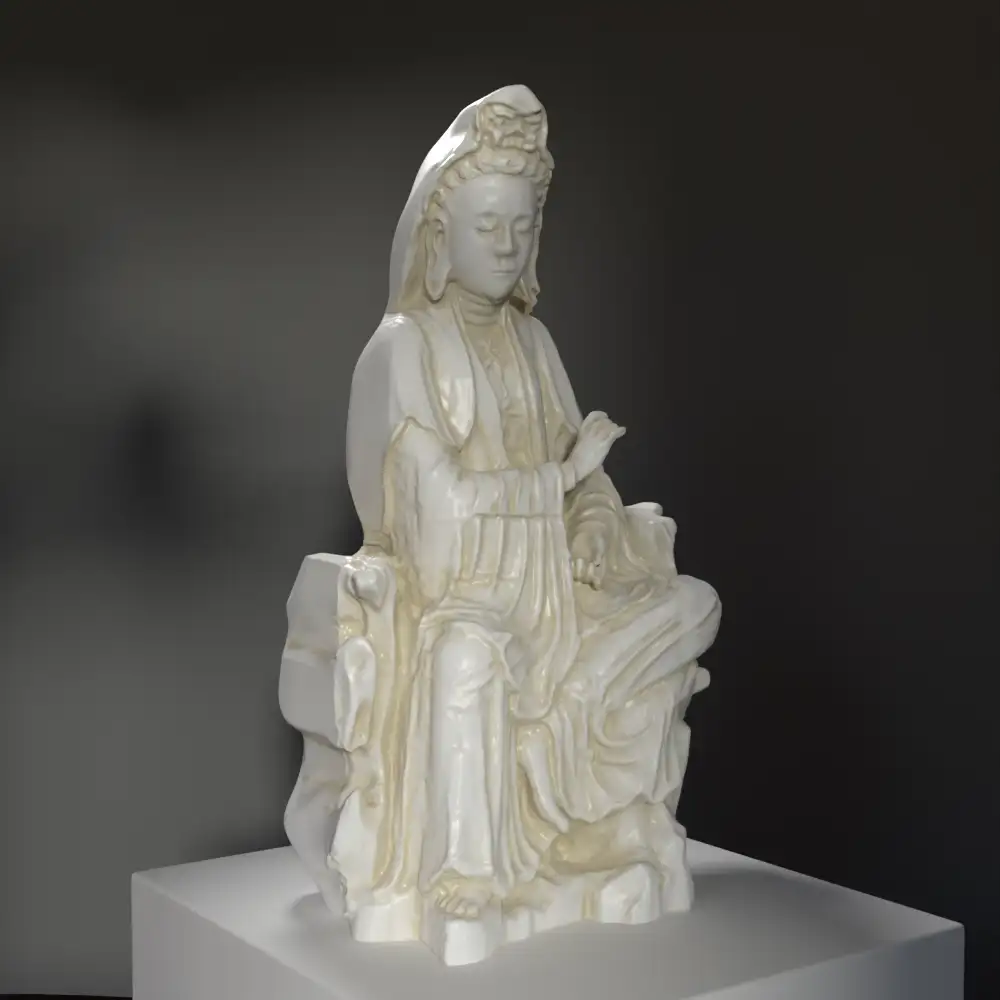 Escultura de Bodhisattva Avalokesvara sentado sobre una roca en el Museo Guimet de París.