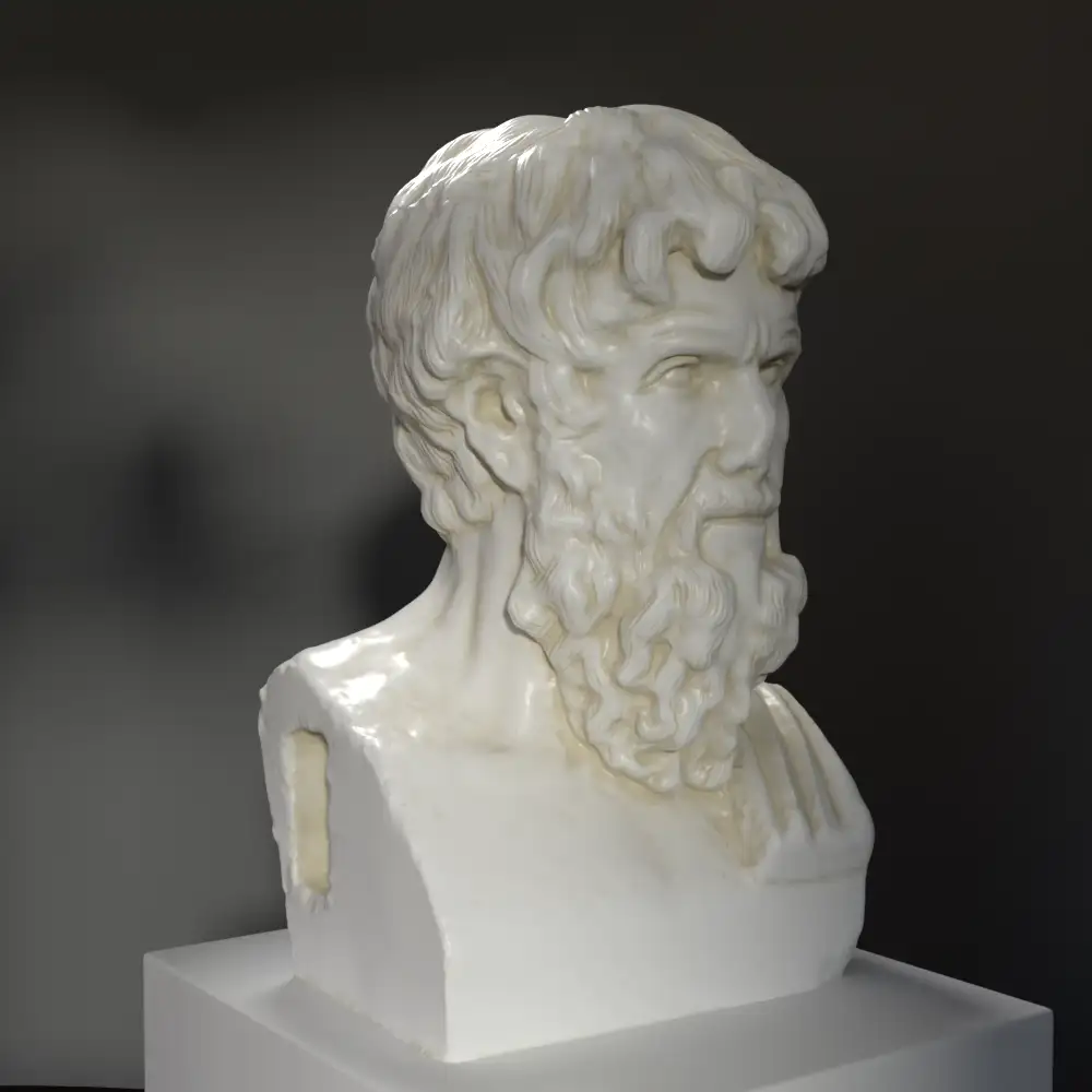 Busto de un filósofo cínico en resina con efecto de mármol y bronce.