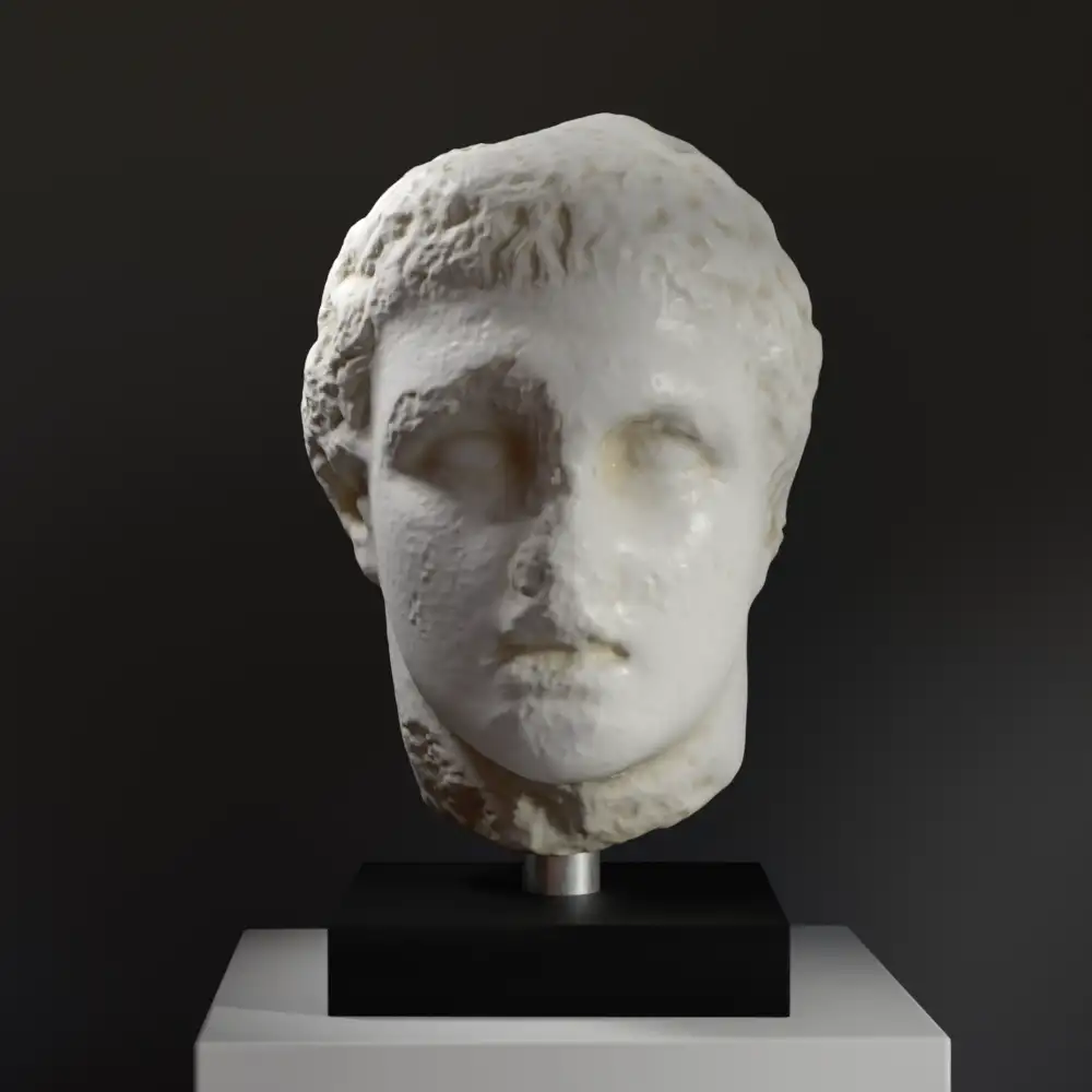 Busto de cabeza juvenil en mármol griego, detalle de la escultura.