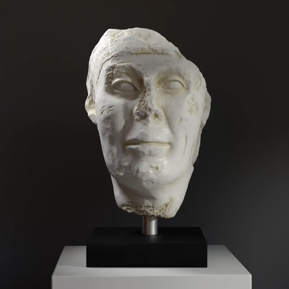 Busto de Cabeza de una Estatua con Textos Mágicos, réplica detallada de una escultura antigua.