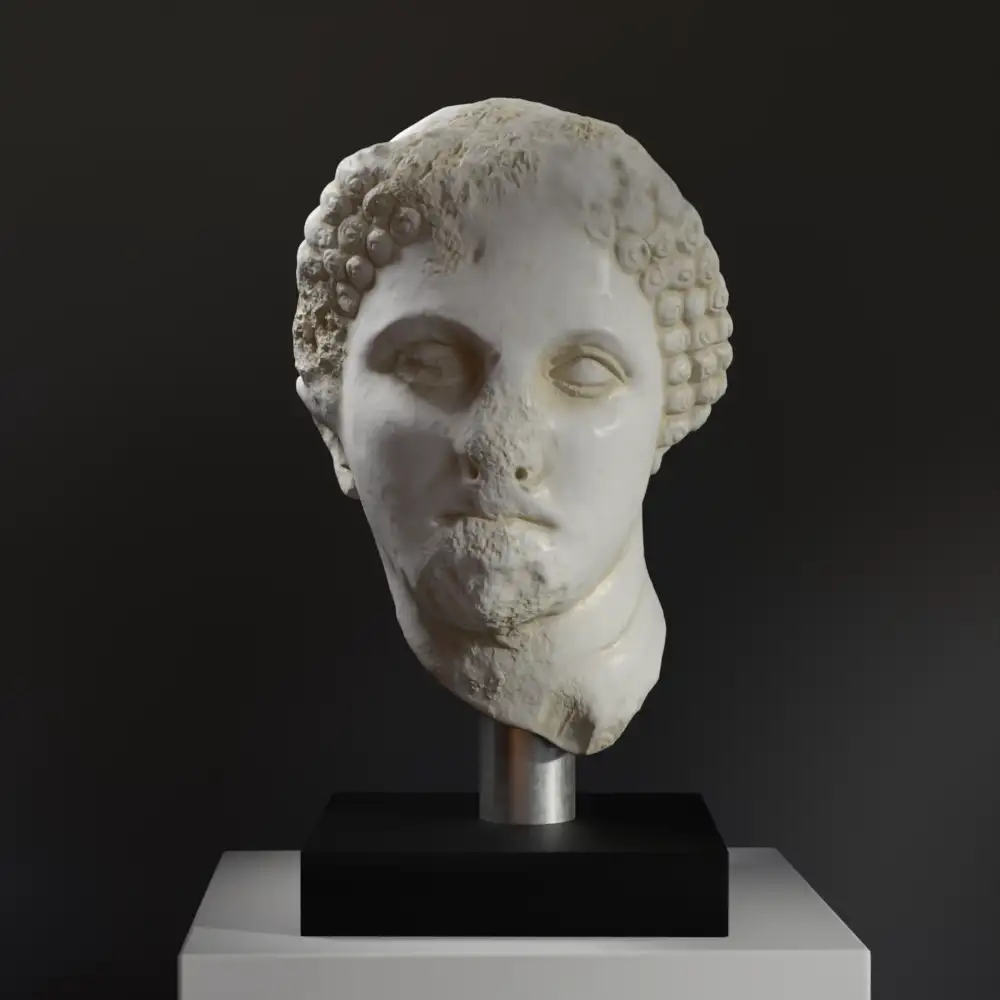 Busto de Cabeza de la estatua colosal de una mujer con un capuchón sakkos, réplica detallada en resina.
