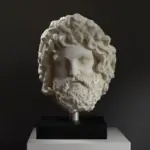 Escultura de la Cabeza de un Dios Barbado en resina con acabado de mármol y bronce.