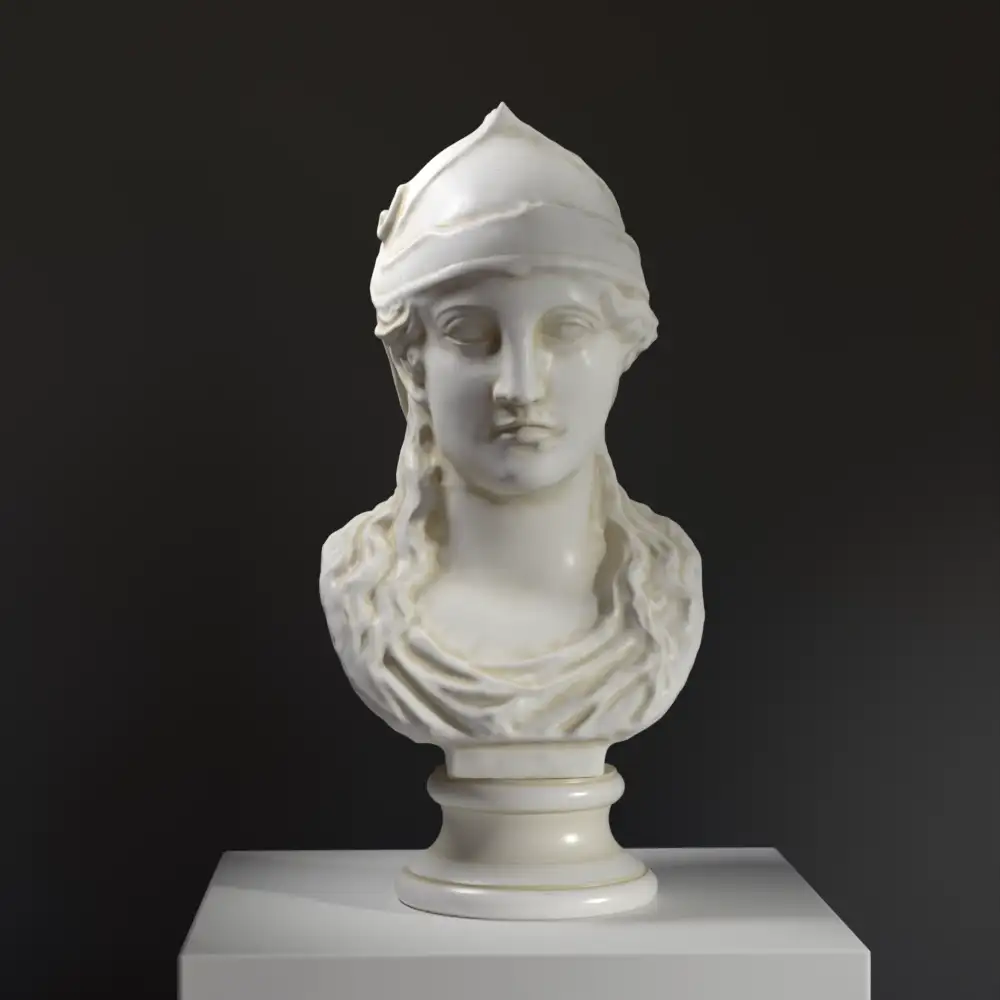 Busto de Atenea en resina con efecto de pátina de mármol y bronce.