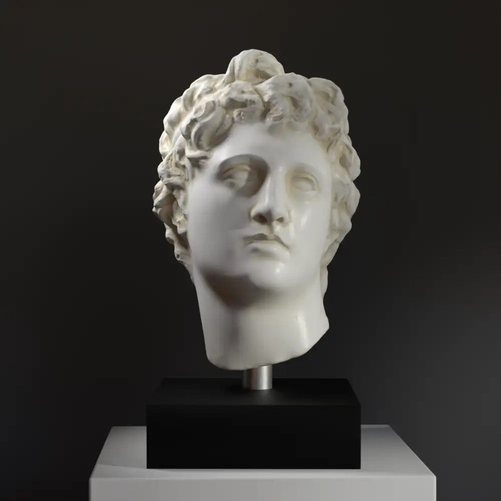 Busto de un joven con rasgos idealizados en resina con acabado de mármol y bronce.