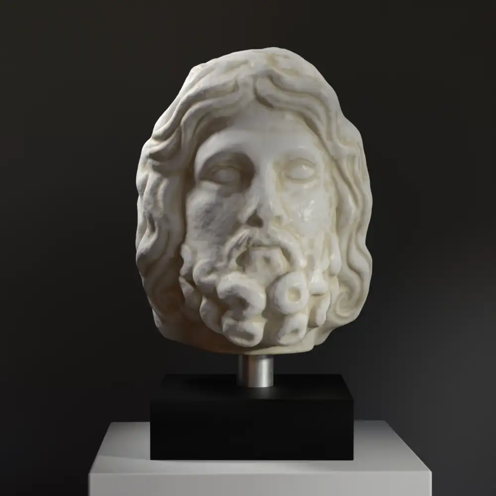 Busto de Asclepio en resina con pátina que imita mármol y bronce.
