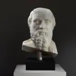 Busto de Hermes de Heródoto en resina con acabado de mármol y bronce.