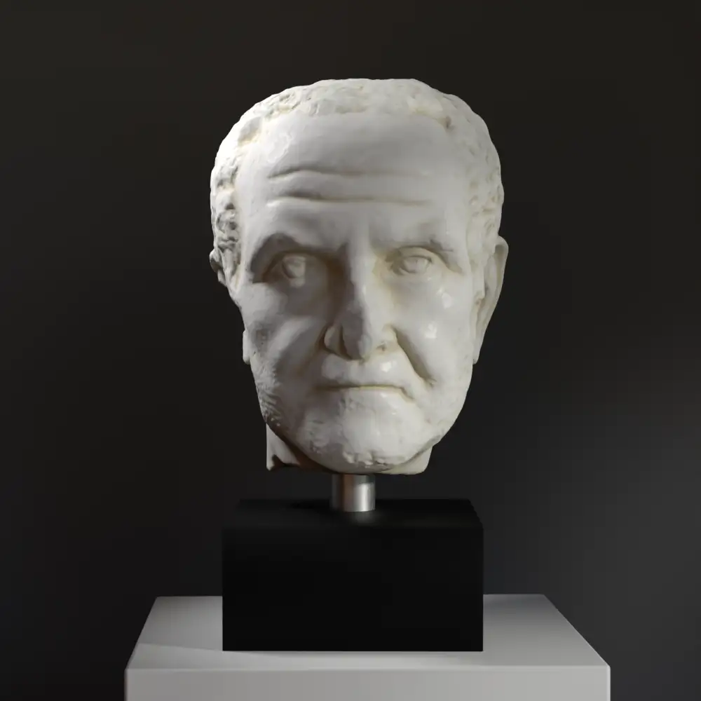 Busto de la cabeza de un anciano en resina con pátina que imita mármol y bronce.