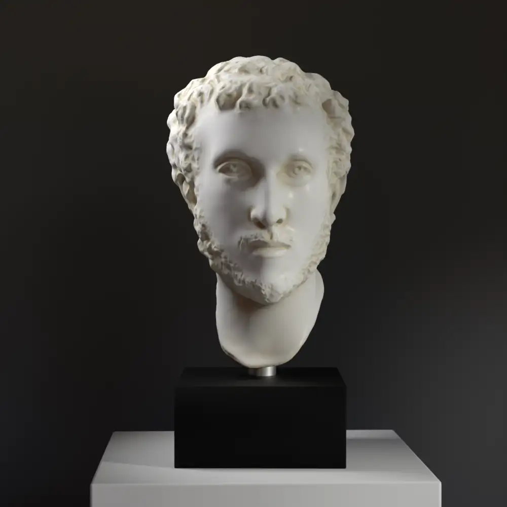 Busto de un joven en resina con acabado de mármol y bronce.