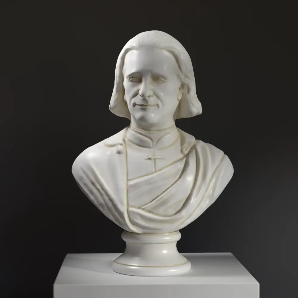Busto de Franz Liszt en resina con acabado de mármol y bronce.