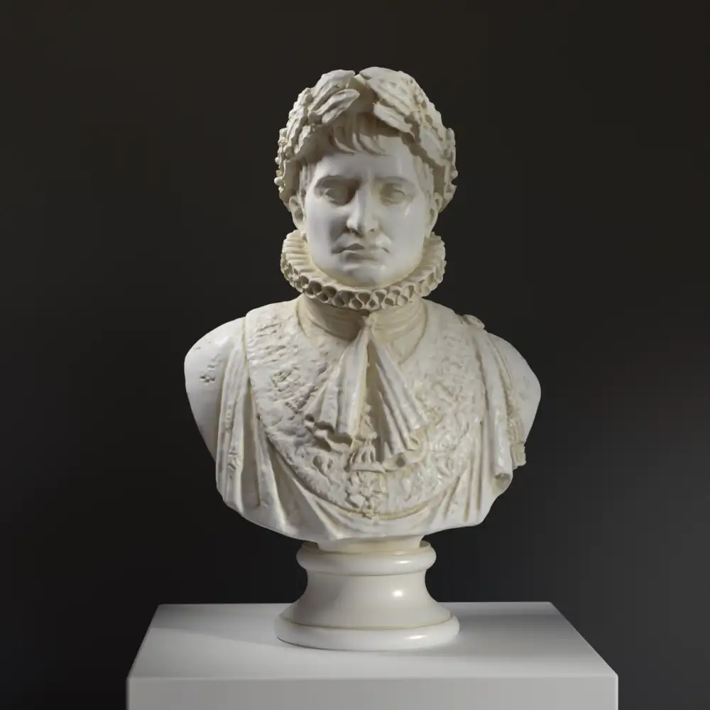 Busto de Napoleón con detalles intrincados y pátina de mármol y bronce.