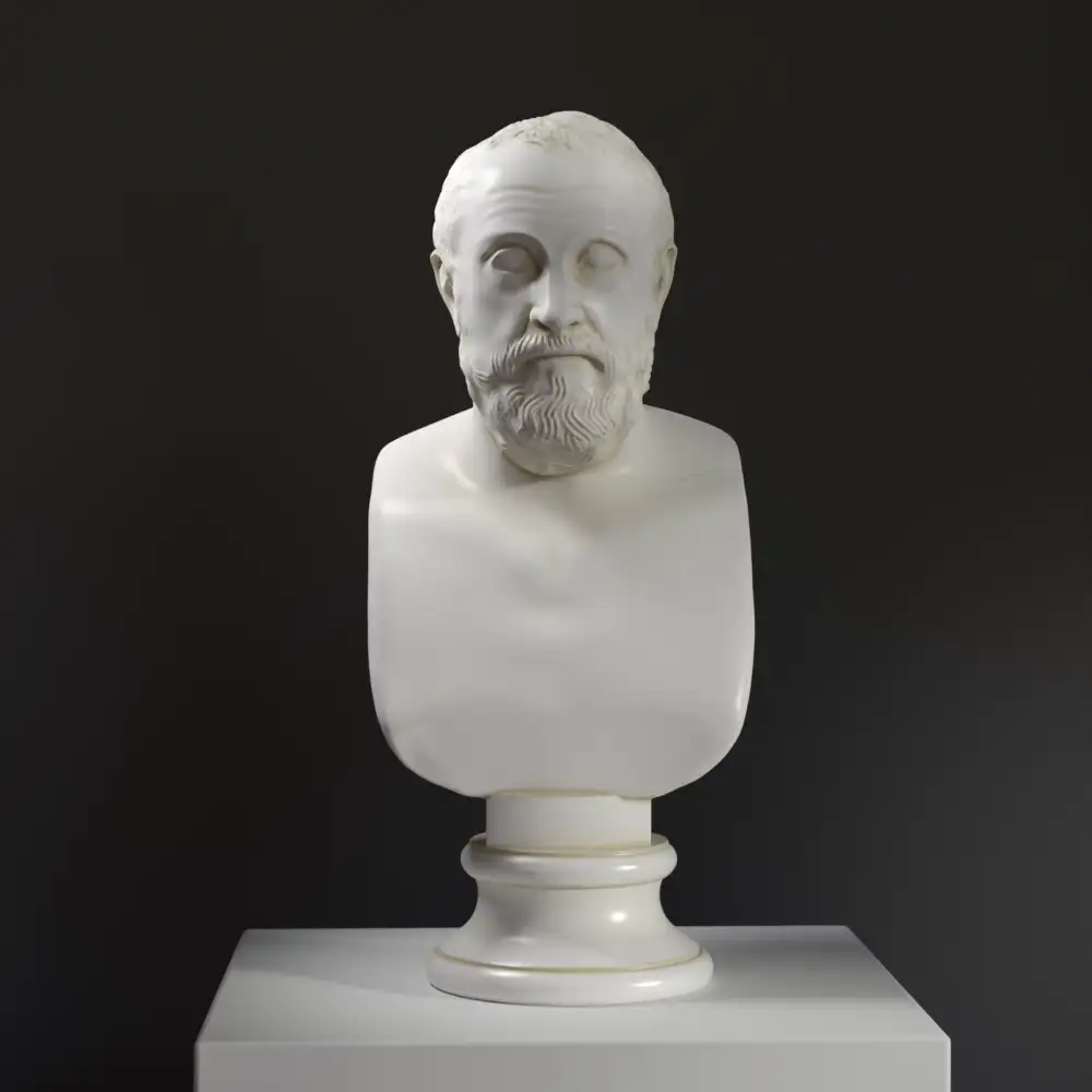 Busto de Carneades en resina con efecto de mármol y bronce.