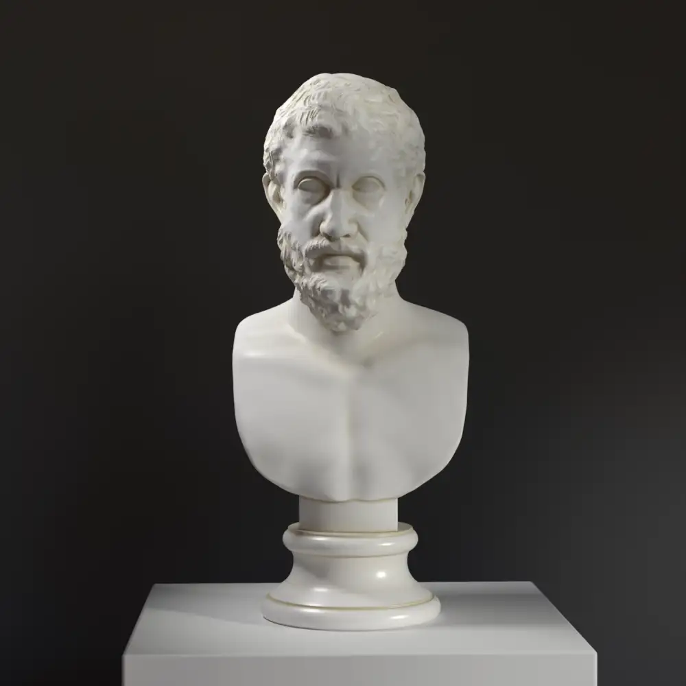 Busto de Epicuro en resina con acabado de mármol y bronce.
