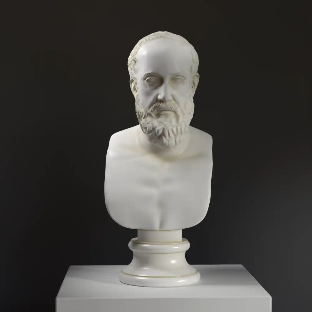 Busto de Hipócrates en resina con efecto de mármol y bronce.