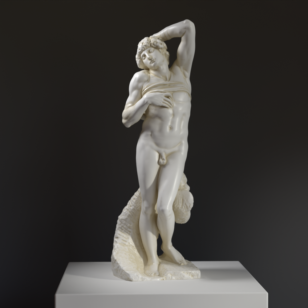 Réplica de la escultura 'El Esclavo Moribundo' mostrando la figura contorsionada y expresiva.