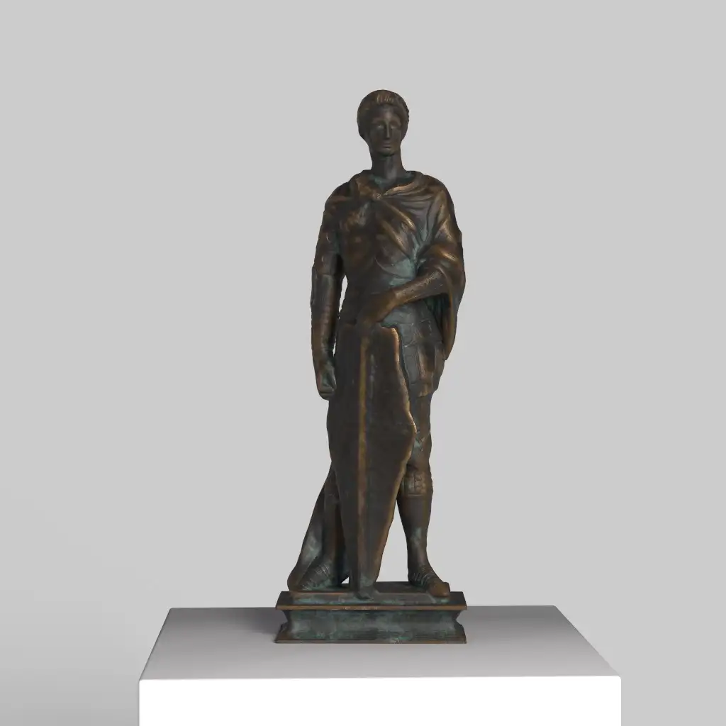 Sculpture de Saint Georges en résine avec effet de patine marbrée et bronze.