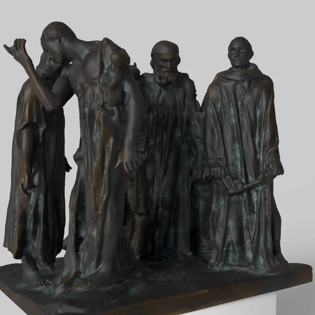 Sculpture des Bourgeois de Calais en résine avec patine imitant le marbre et le bronze.