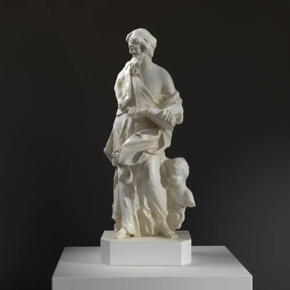 Sculpture de Saint Matthieu en résine avec effet patiné.