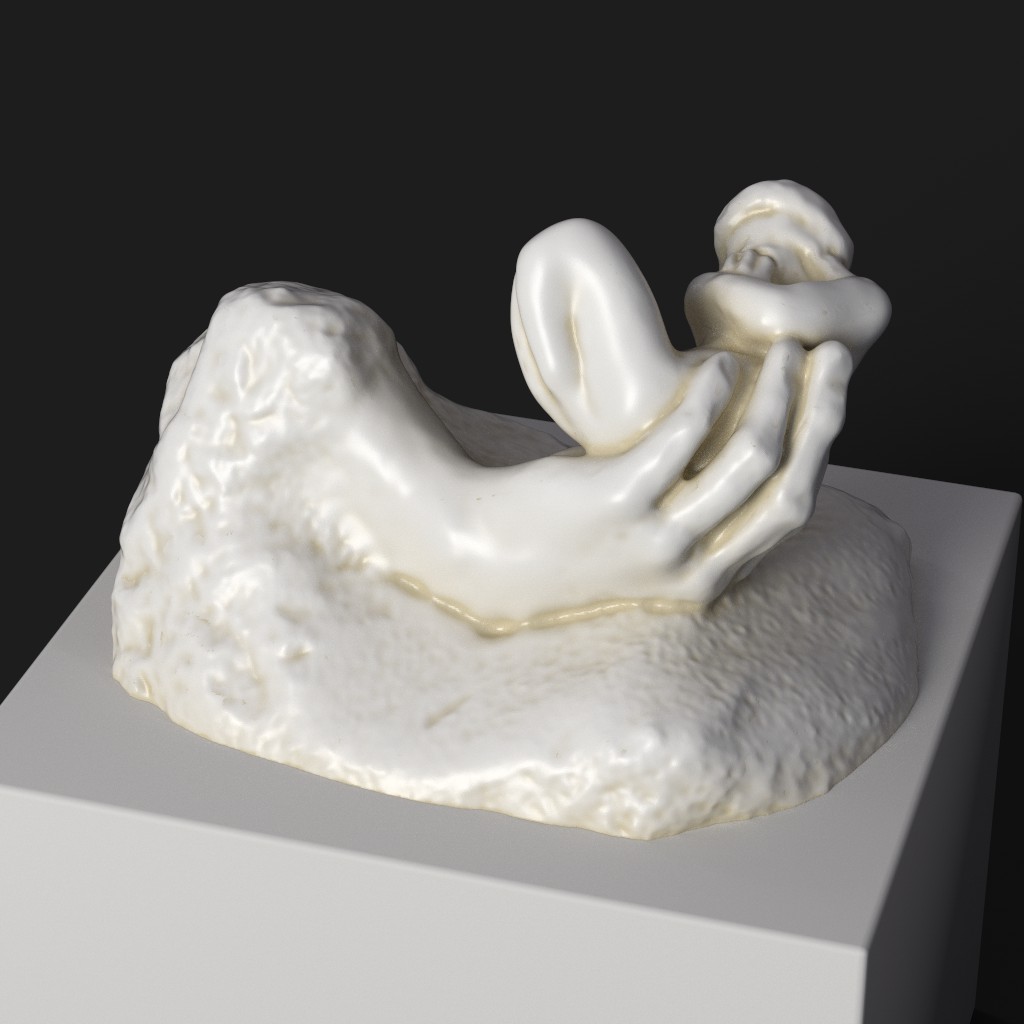 Sculpture représentant La Main du Diable, une main gauche tenant une figure humaine.