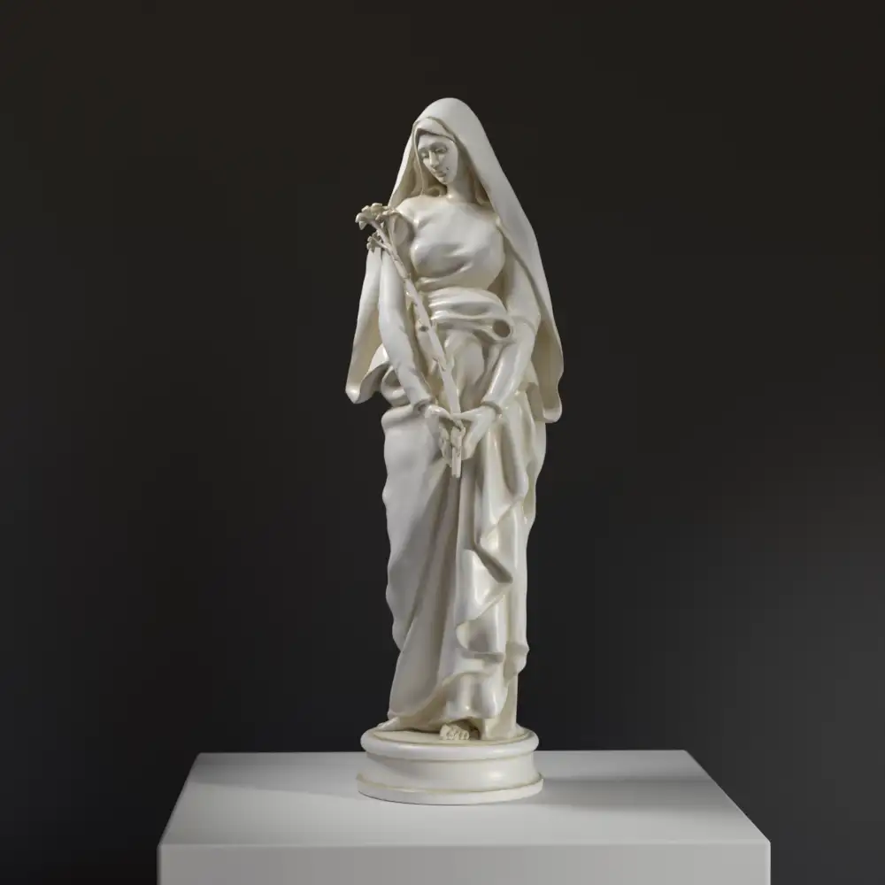 Sculpture représentant la Vierge avec un lys, en résine avec une finition marbrée.
