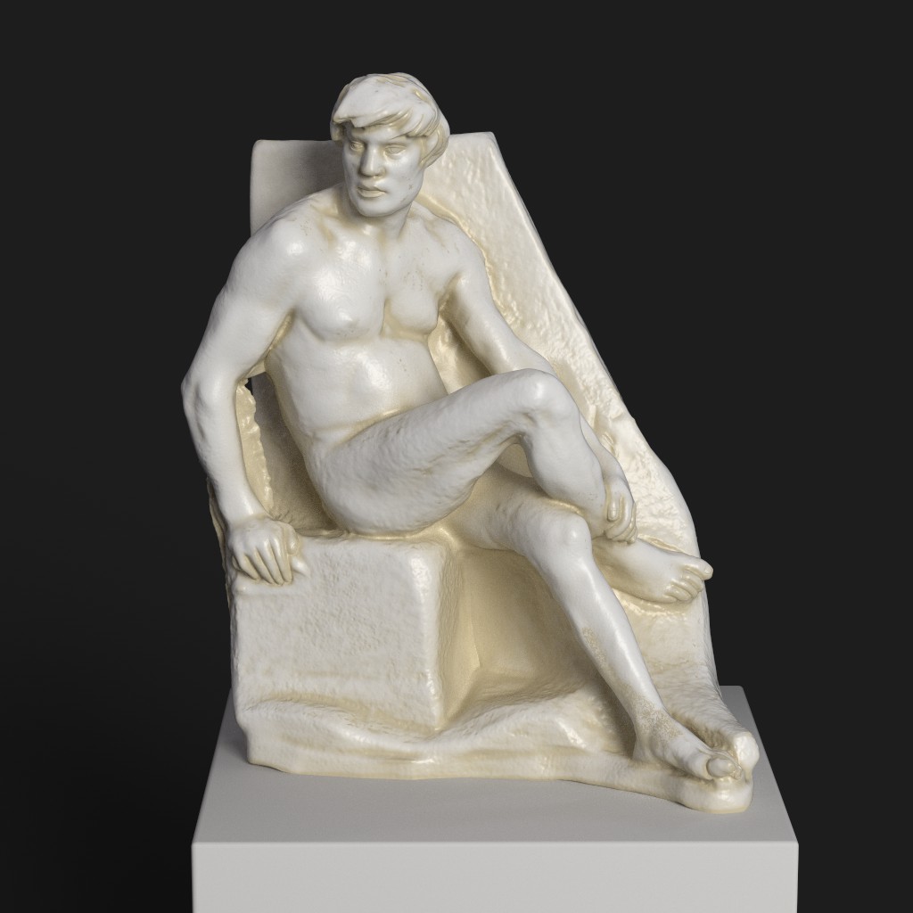 Sculpture de l'Homme Nu Assis en résine avec finition patinée.