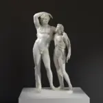 Sculpture de Dionysos et Satyr en résine avec effet de patine marbrée et bronze.