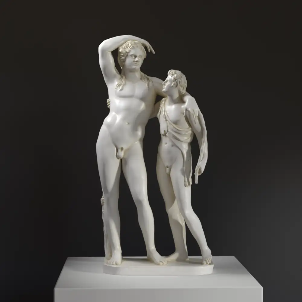 Sculpture de Dionysos et Satyr en résine avec effet de patine marbrée et bronze.