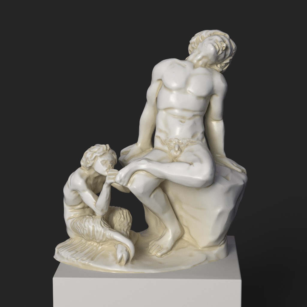 Sculpture de Pan enlevant une épine du pied d'un satyre, réplique en résine avec finition marbrée et bronze.
