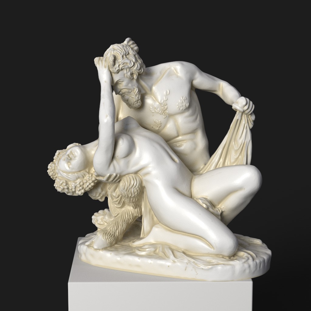 Sculpture de Satyre et Bacchante au Louvre Paris, représentant une interaction passionnée entre les deux figures.