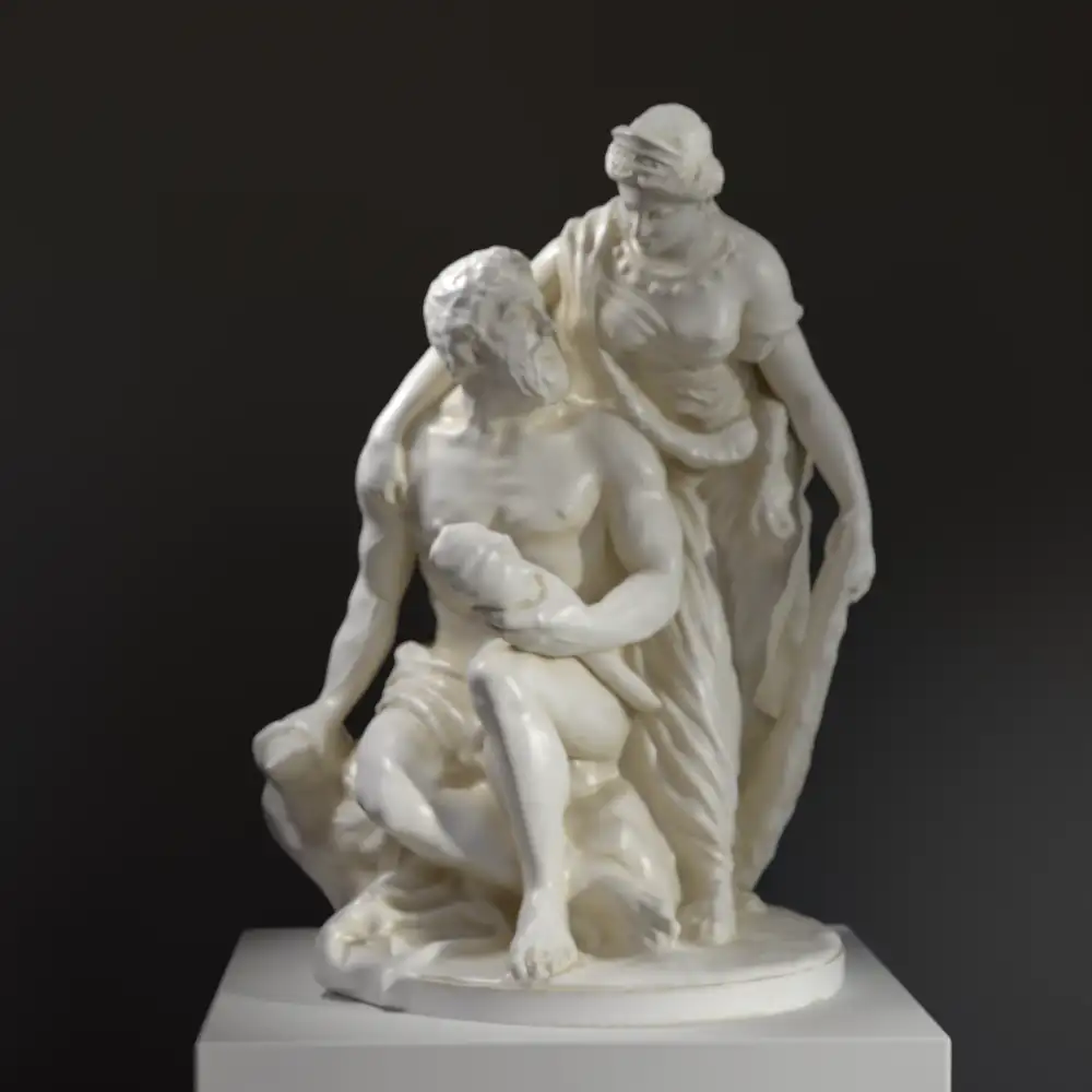 Sculpture d'Hercule et Omphale en résine avec effet de patine marbrée et bronze.