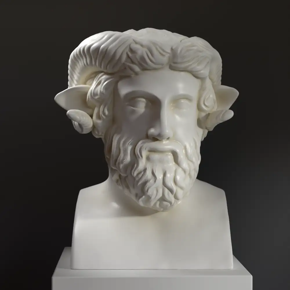 Buste d'Hermès de Zeus Ammon en résine avec patine marbrée et bronze.
