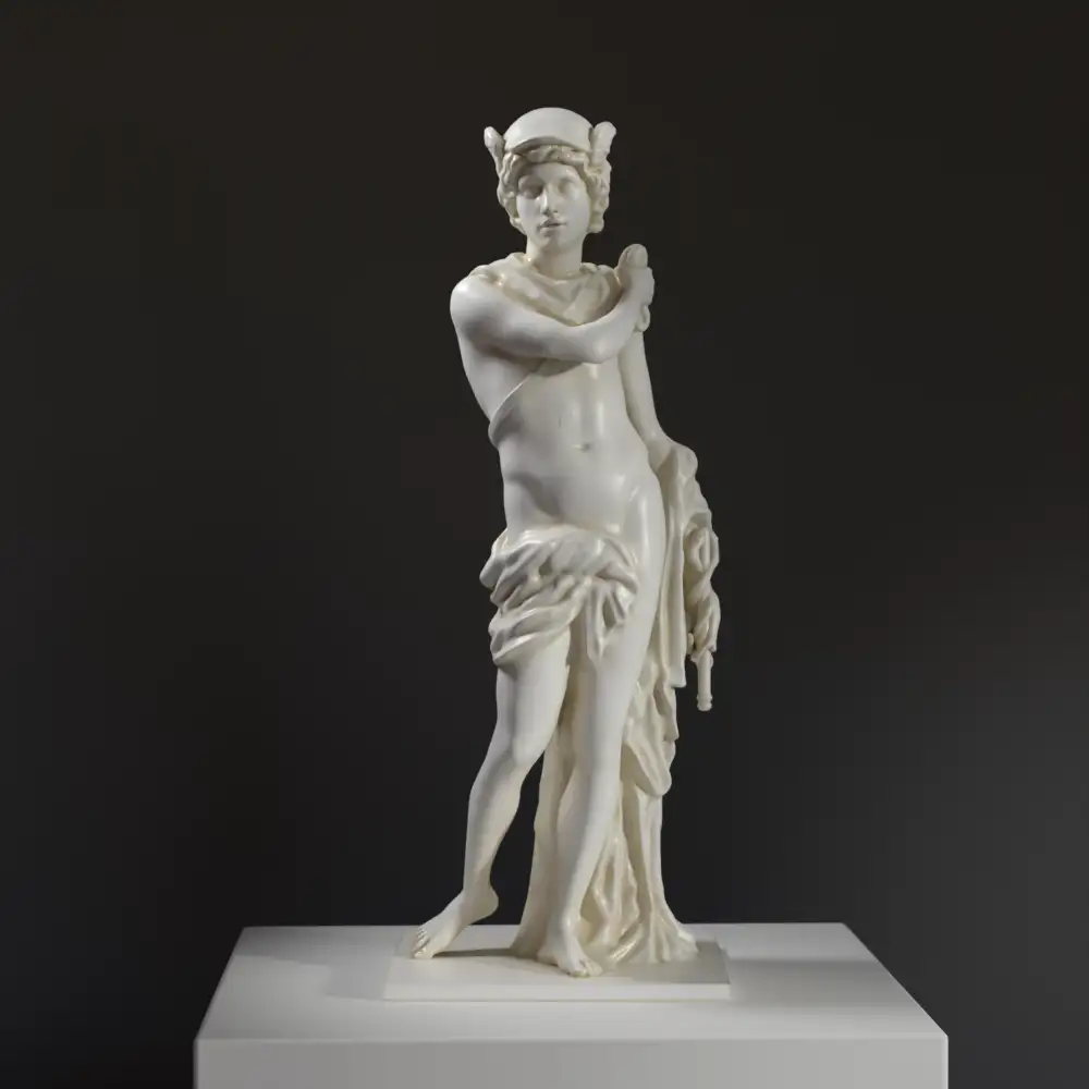 Sculpture de Mercure en résine avec effet de patine marbrée et bronze.