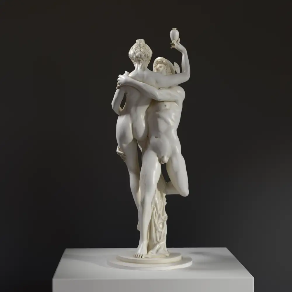 Sculpture de Mercure enlevant Psyché, réplique en résine avec patine marbrée et en bronze.