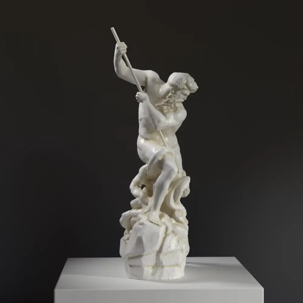 Sculpture de Neptune combattant un poulpe en résine avec patine.