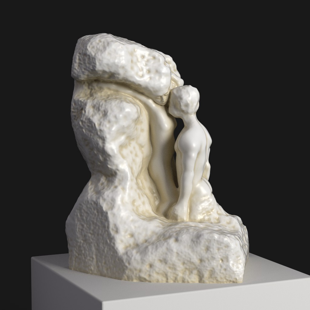 Sculpture représentant un homme embrassant une petite fille, symbolisant la créativité.
