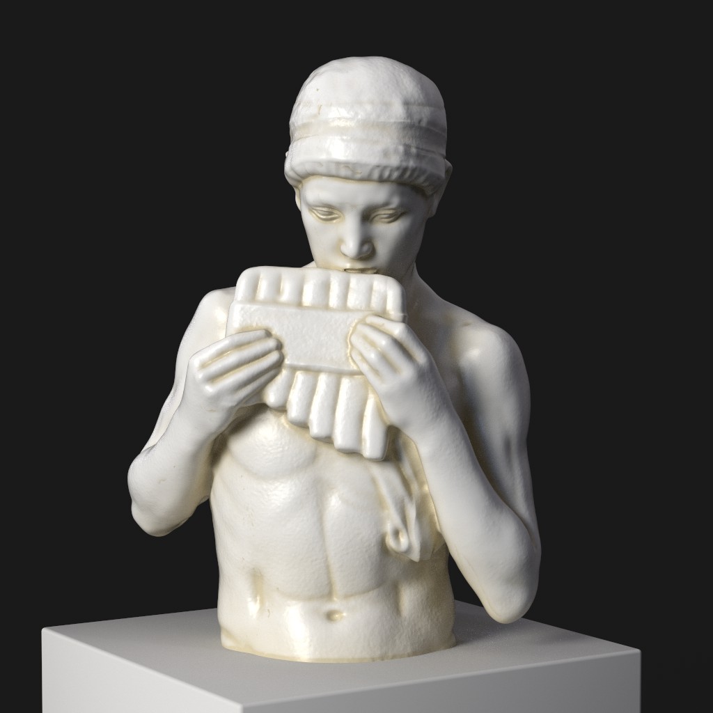 Sculpture représentant un jeune garçon jouant de la flûte de pan.