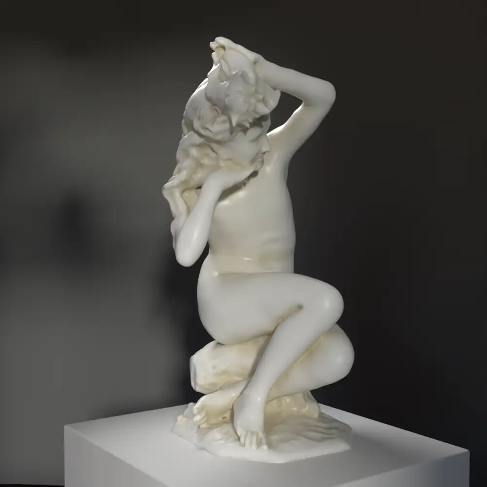Sculpture représentant une jeune fille assise avec une coquille.