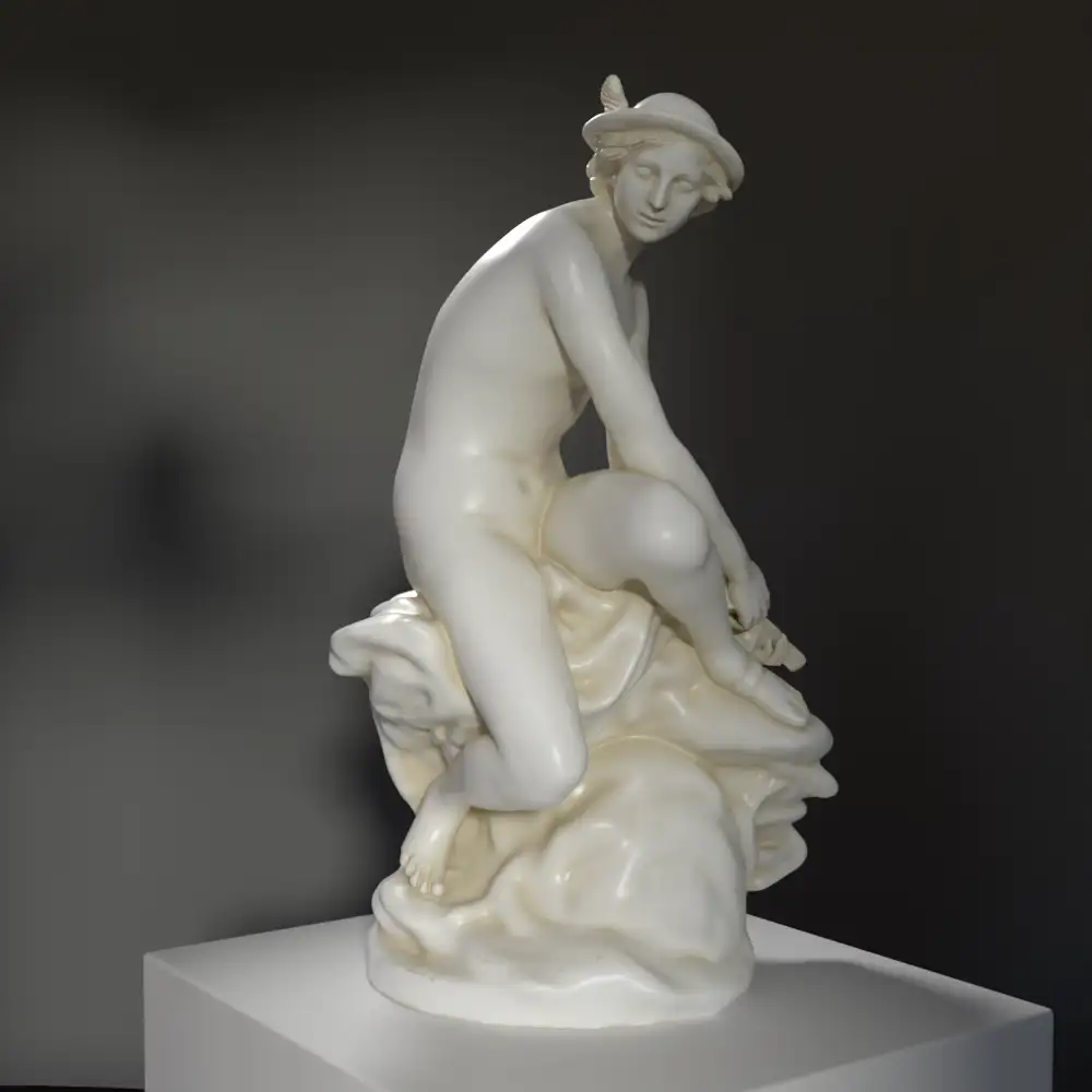 Sculpture de Mercure Attachant ses Ailes, mettant en avant les détails anatomiques et la pose dynamique.