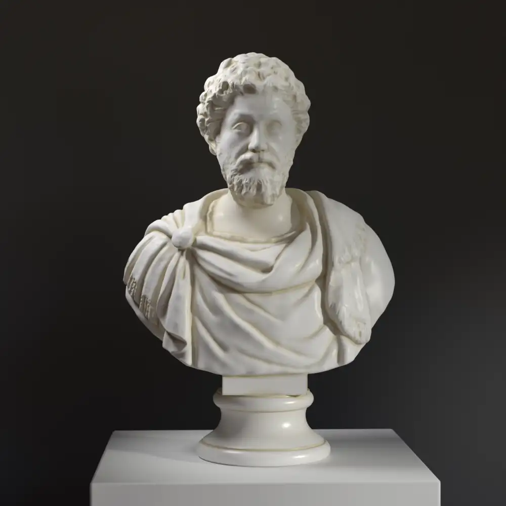 Buste de Marc Aurèle en résine avec effet de patine marbrée et bronze.