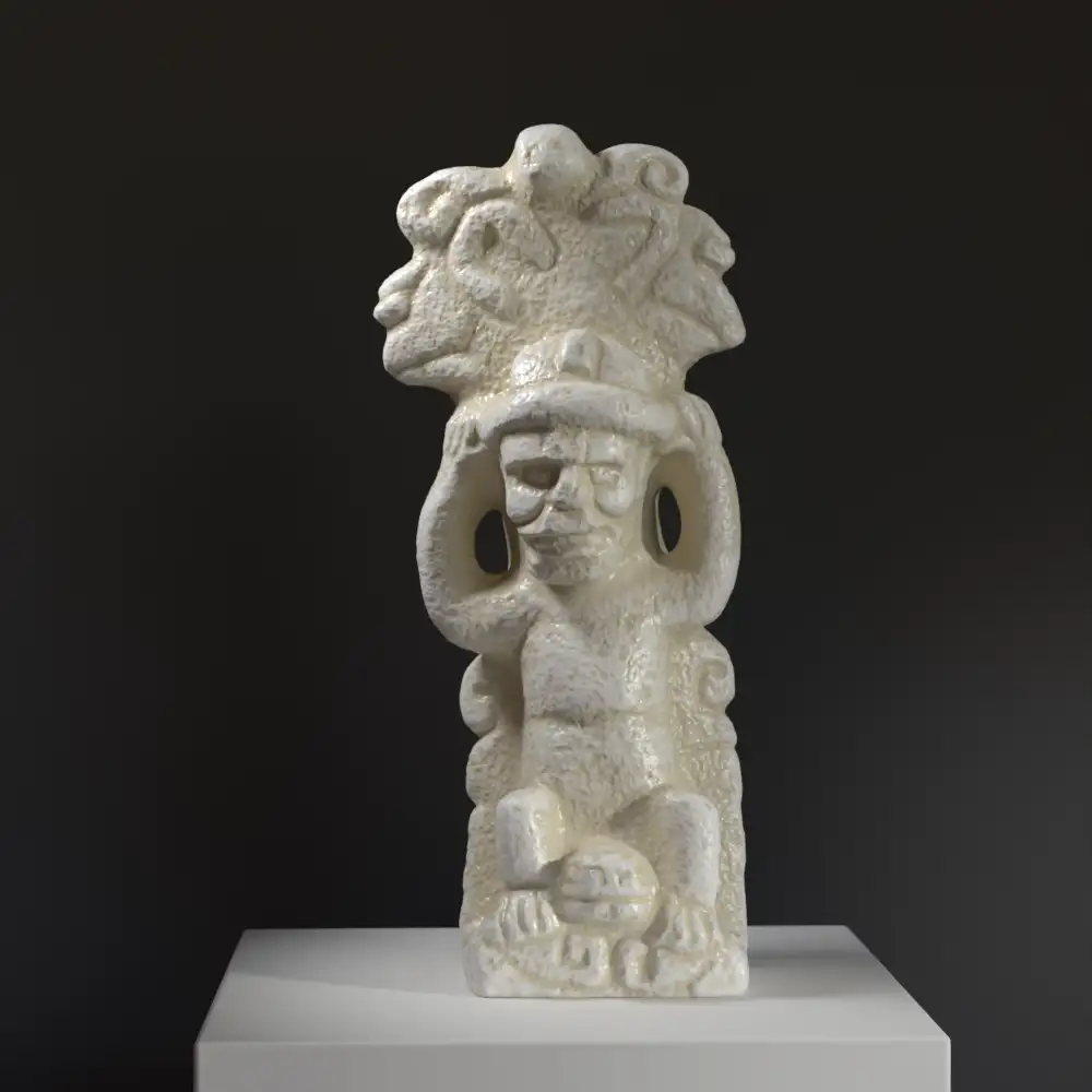 Scultura di Kaminaljuyu con divinità seduta su creatura acquatica.