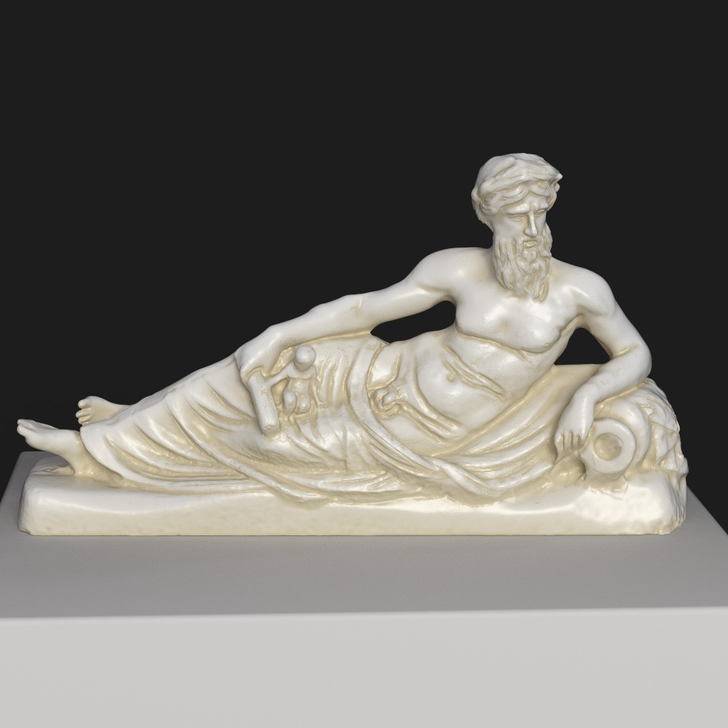 Scultura di Nilo Cesarini con figura reclinata e simboli di fertilità.