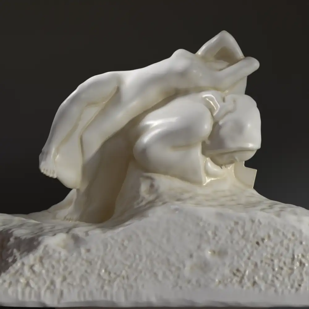 Replica della scultura 'La Tentazione di Sant'Antonio' di Rodin, con dettagli di Sant'Antonio e la figura femminile.