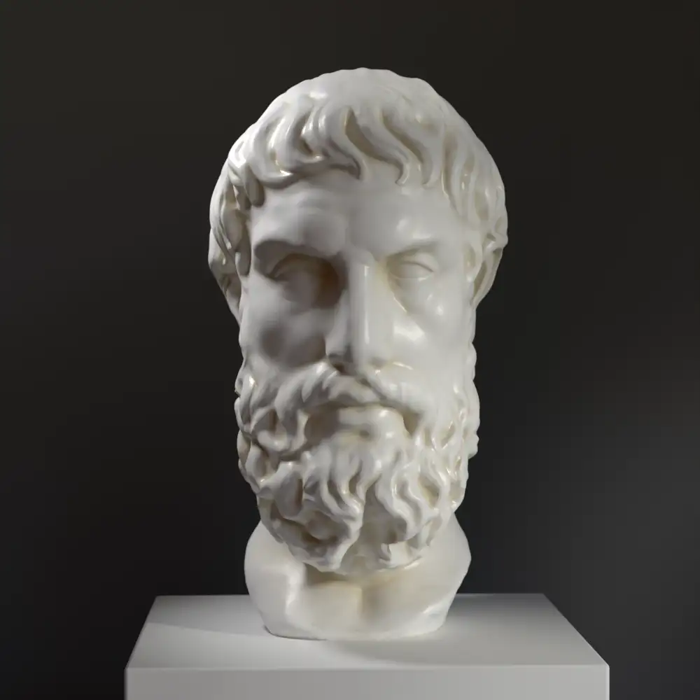 Busto di Epikouros in resina con finitura in marmo e bronzo.