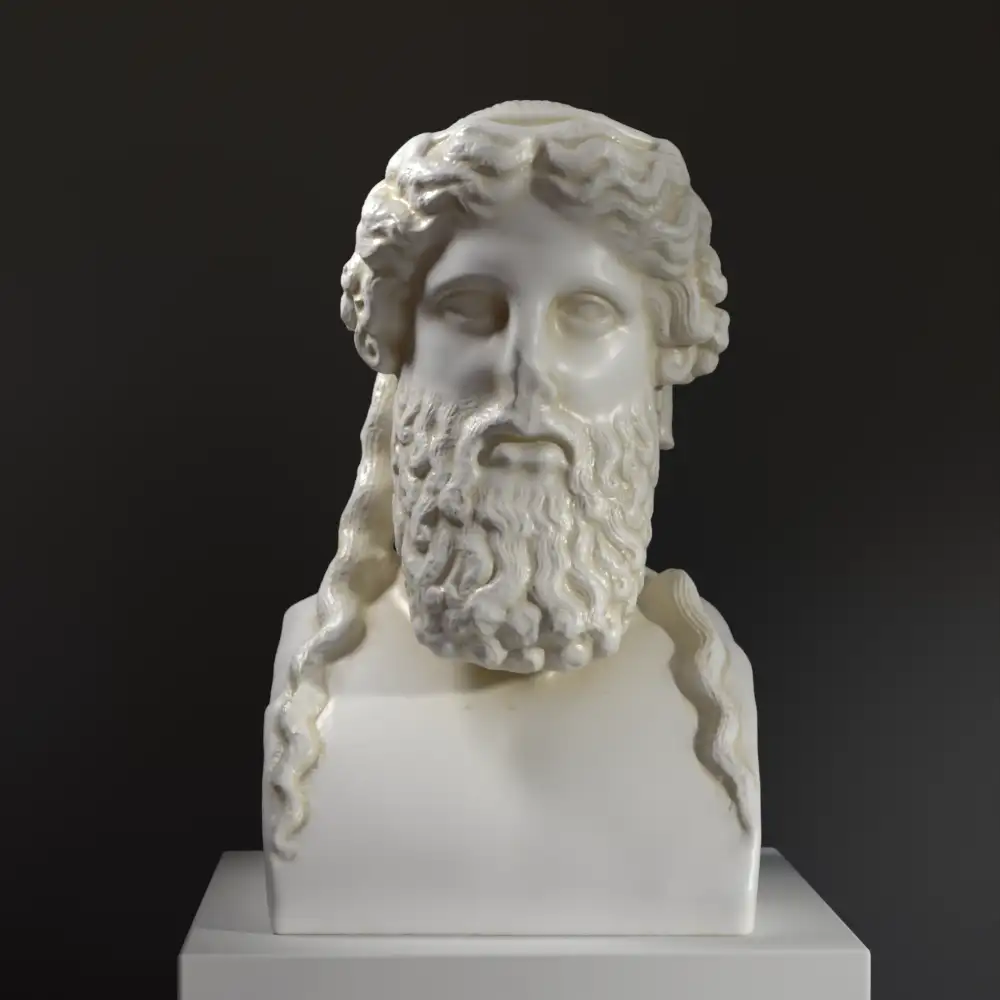 Busto di Erma di una divinità barbuta in resina con finitura in marmo e bronzo.