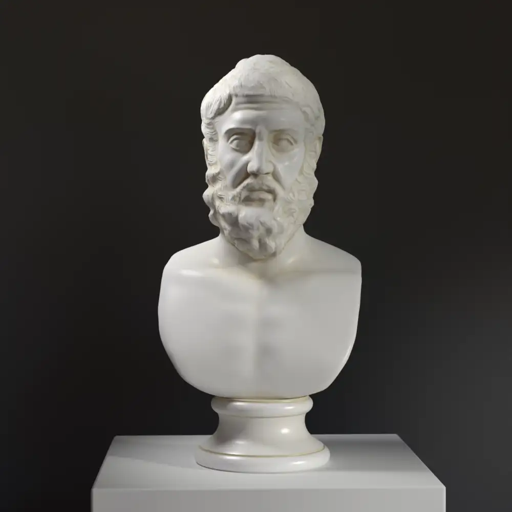 Busto di Metrodoro in resina con patina che imita marmo e bronzo.