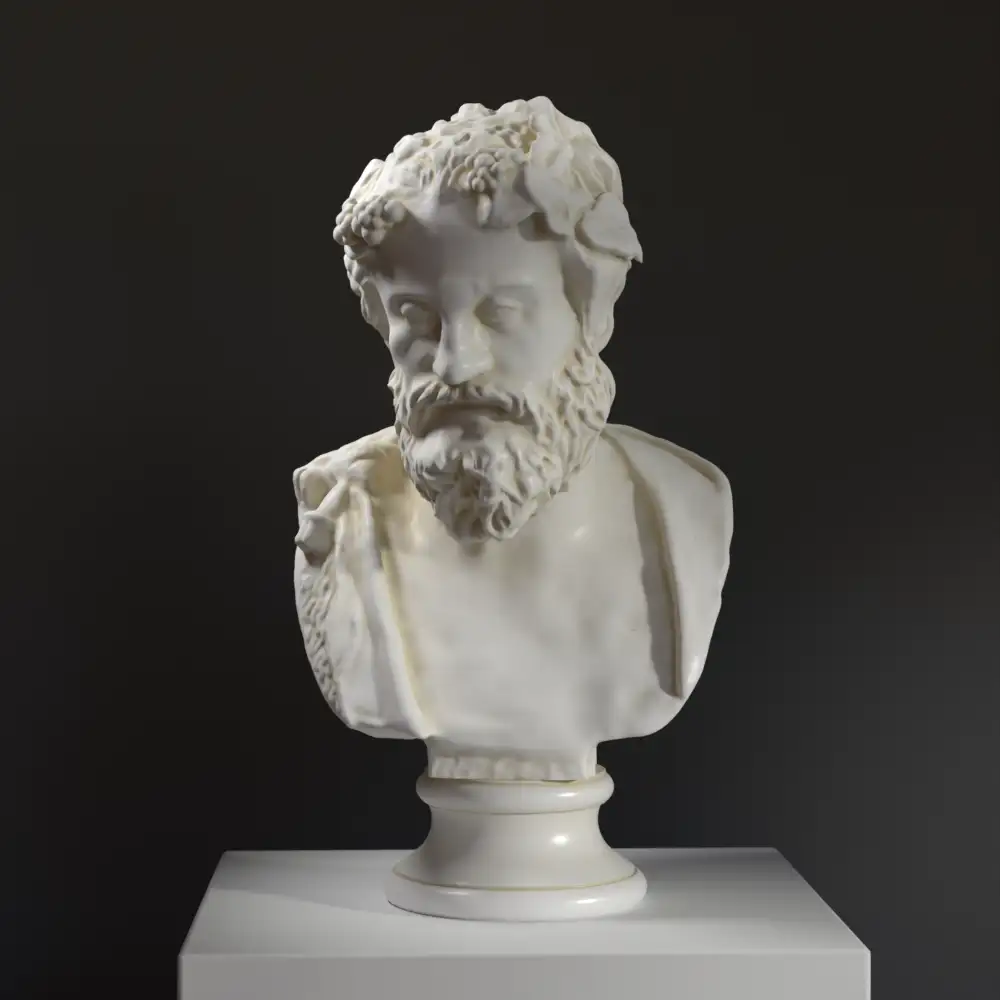 Busto di Vecchio Sileno con corona di edera, scultura in resina dipinta a mano.