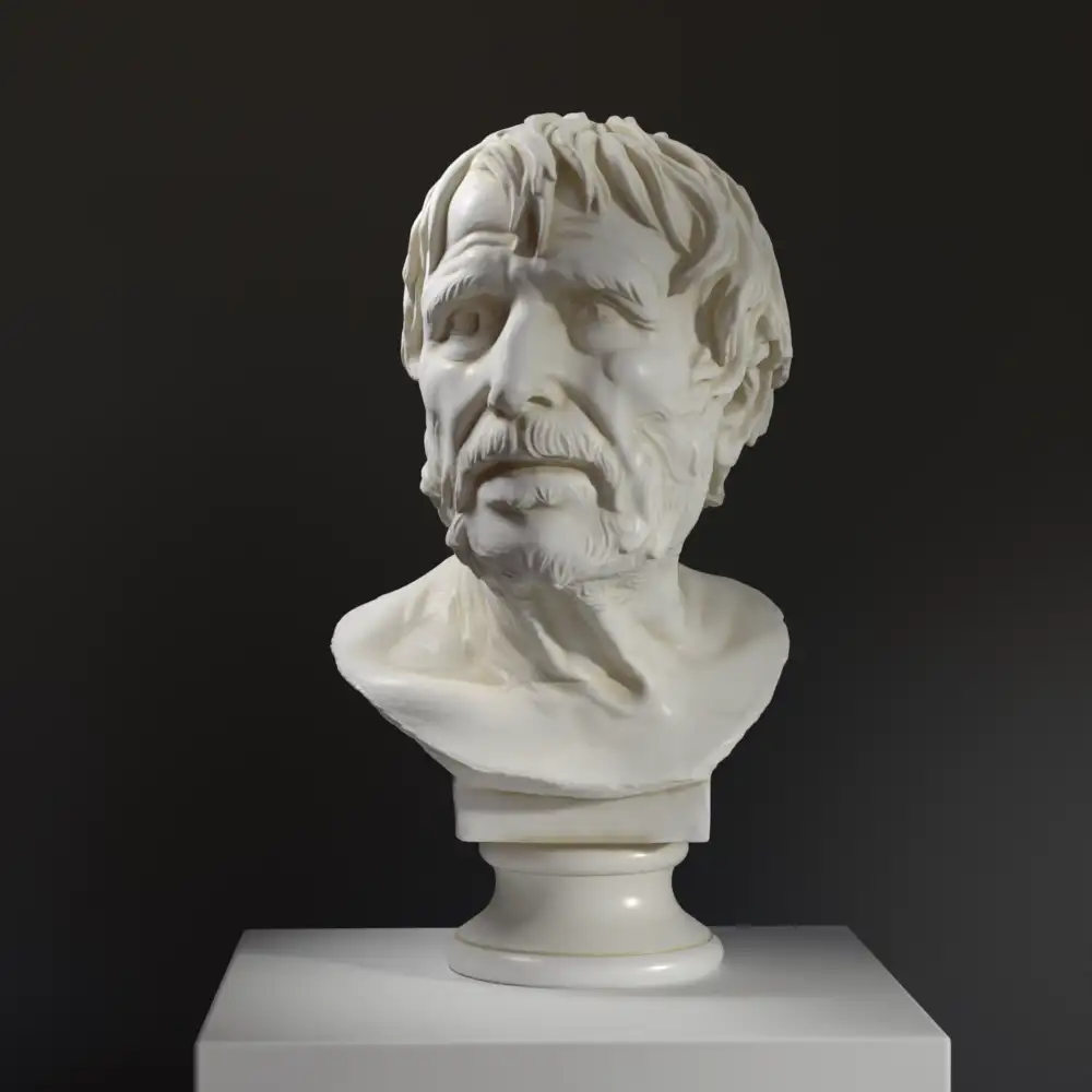 Busto del Ritratto di Esiodo in resina con effetto marmo e bronzo.