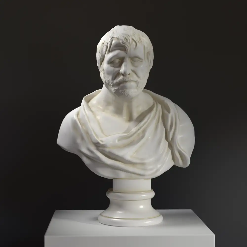Busto di Seneca in resina con effetto marmo e bronzo.