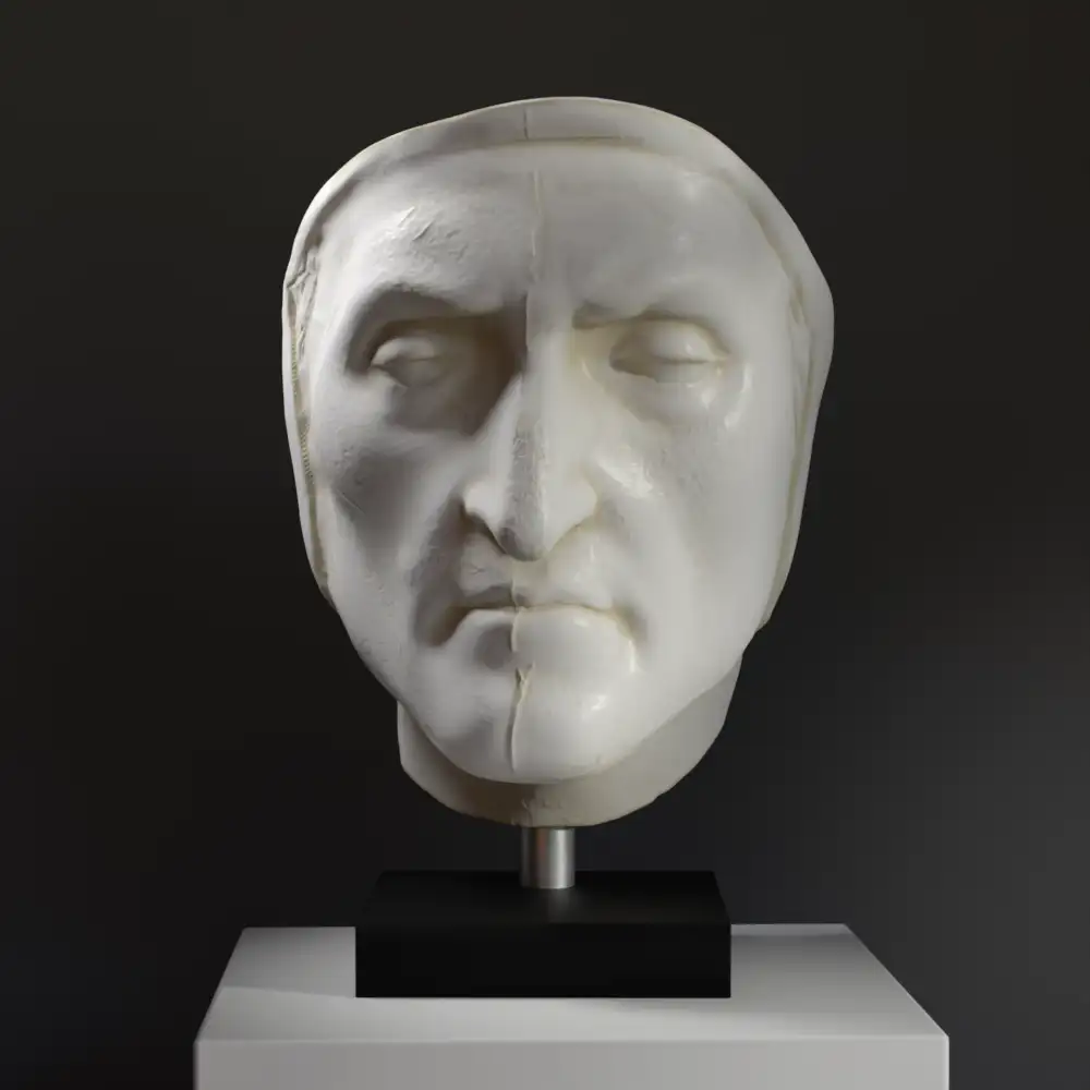 Busto della Maschera della Morte di Dante Alighieri in resina con patina elegante.